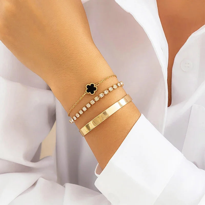 3Pcs/Set Flower Charm Bracelet Bangle for Women Girls Adjustable Rhinestone Chain Tennis Bracelet Clover Jewelry Accessories