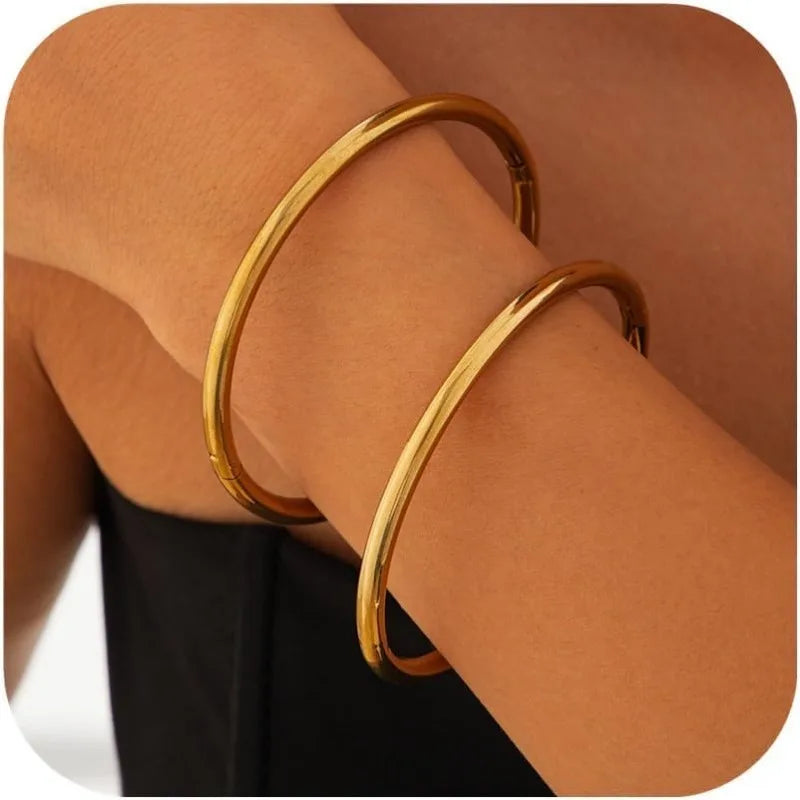 4mm 18K Gold Plated Bracelet for Women Stacking Stainless Steel Thin Round Glossy Bracelets Classic Lightweight Cuff Bangle