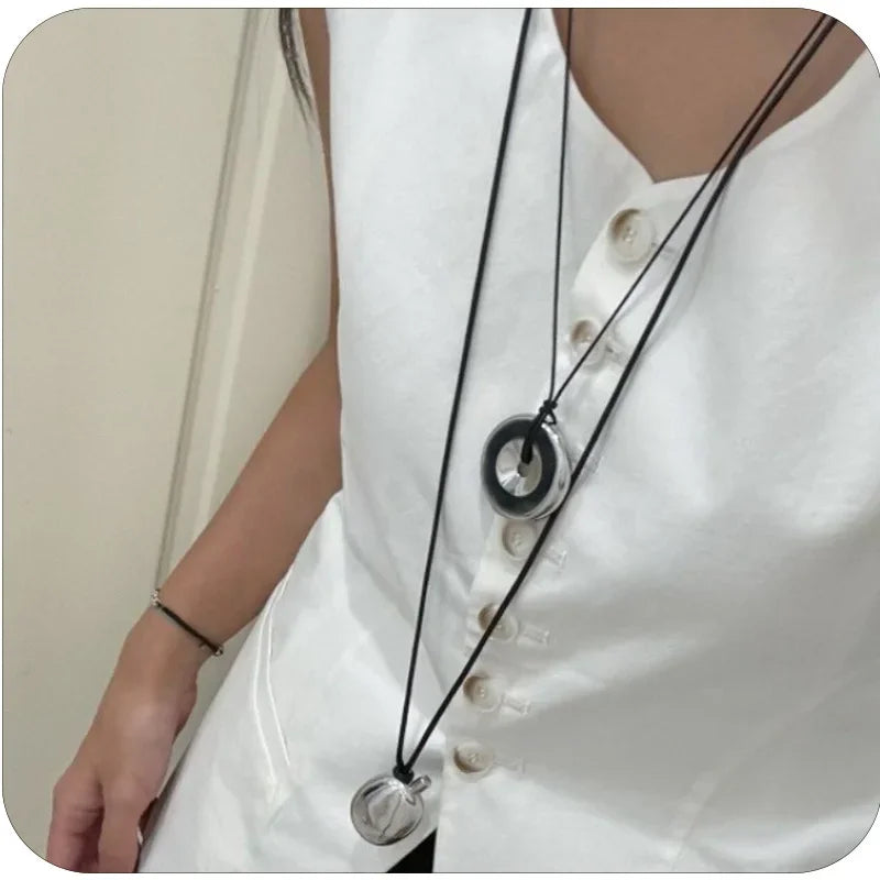 Black Leather Rope Long Pendant Necklace for Women Collarbone Chain Choker Design Sweater Chain Female Gifts