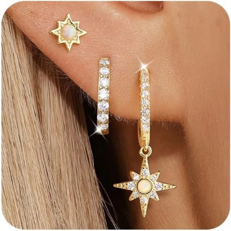 3pcs Opal Sun Star Earrings Set for Women Jewelry 14K Gold Plated Dainty Hoop Huggie Stacks Cartilage Dangle Earring Trendy 2025