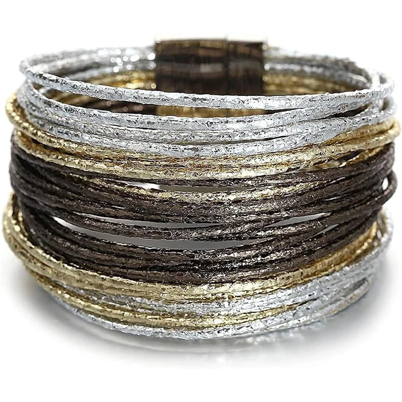 Boho Leather Bangle Bracelets Stackable Layer Wrap Strand Bracelets with Magnetic Clasp Handmade Trendy Jewelry for Women