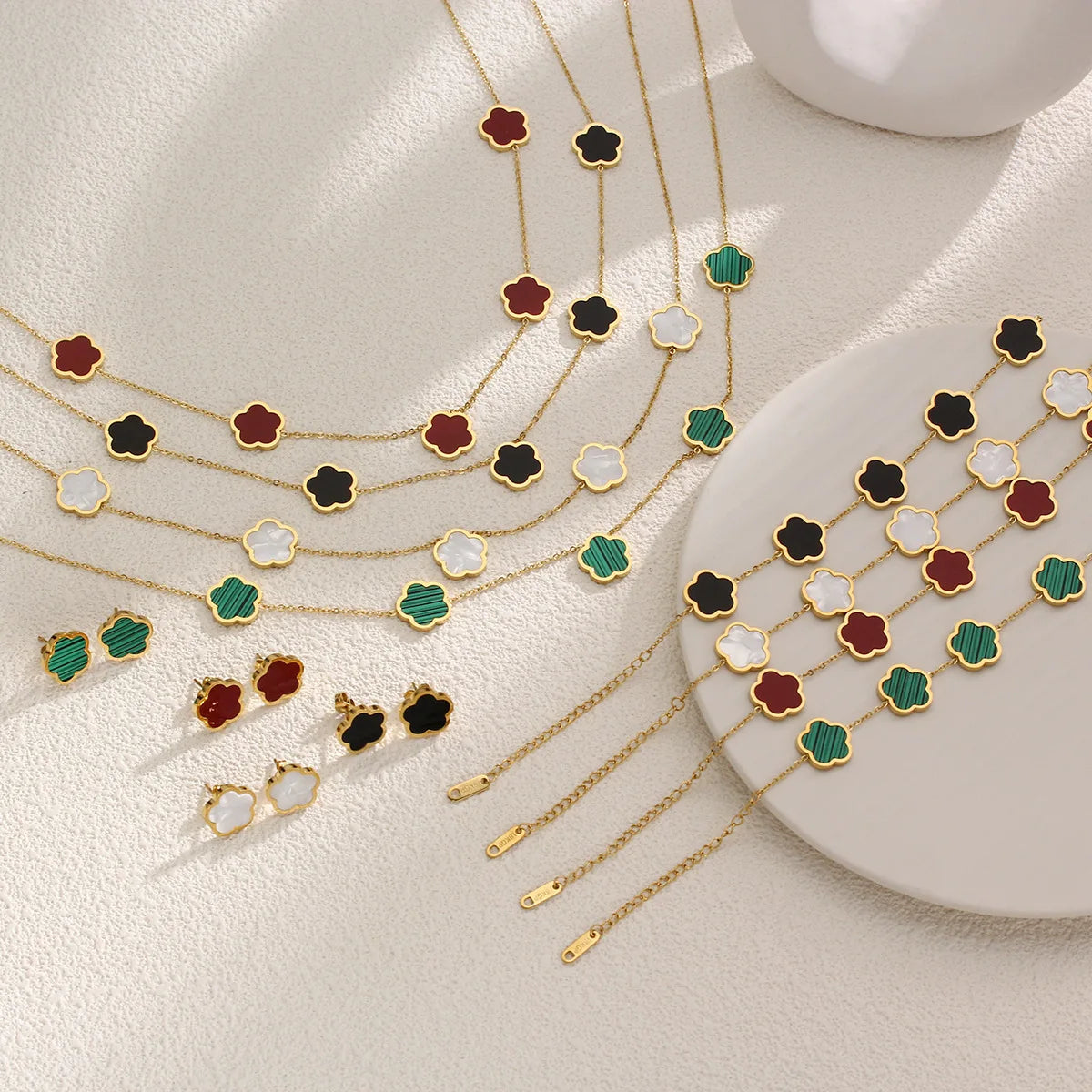 Korean Fashion Flower Set Jewelry for Women Stainless Steel Plated 18K Gold Colorful Color Design Necklace Earrings Bracelet