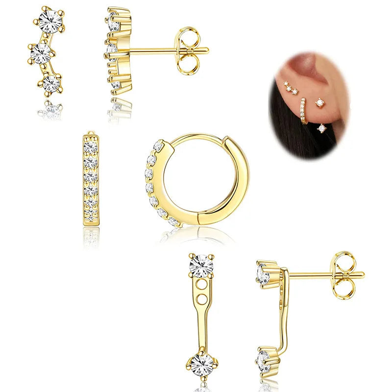 3 Pairs Cubic Zirconia Stacks Women's Stud Earrings Set Piercing Dainty 14K Gold Plated Huggie Hoops CZ Earrings Jewelry Gifts