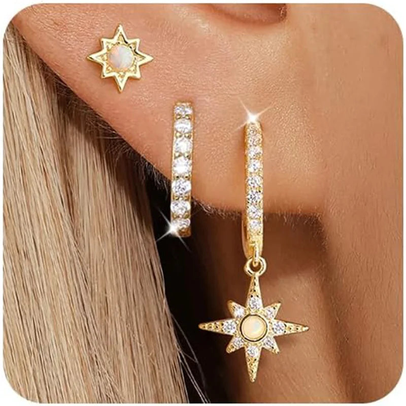 3pcs Opal Sun Star Earrings Set for Women Jewelry 14K Gold Plated Dainty Hoop Huggie Stacks Cartilage Dangle Earring Trendy 2025