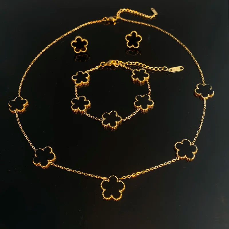 Luxury Clover Jewelry Set High Quality Stainless Steel Plated 14K Gold Flowers Necklace Earrings Bracelet for Women Girls Gifts