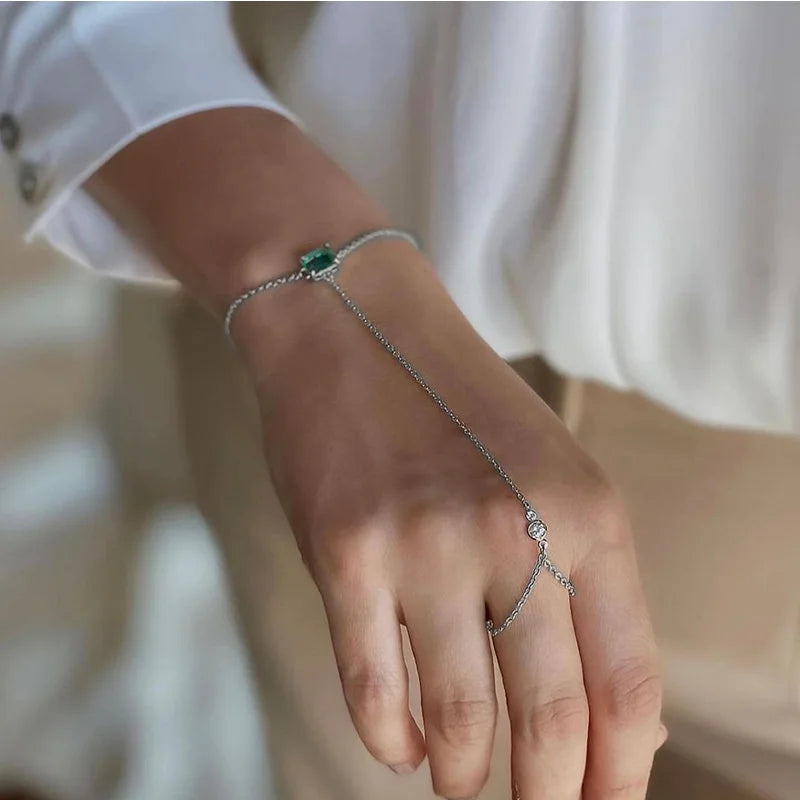 Chain Finger Ring Bracelet for Women 14k Gold Plated Dainty Green Semi-precious Stone Slave Bracelets Jewelry Gifts
