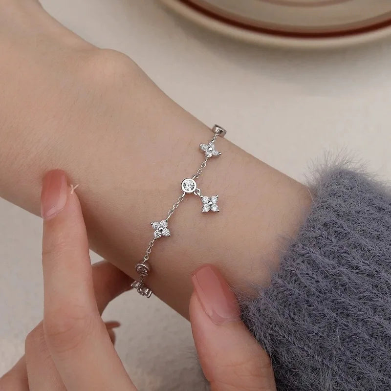 Silver Plated Clover Bracelet with Sparkling Cubic Zirconia Delicate Elegant Jewelry for Women Ideal Gift for Any Occasion