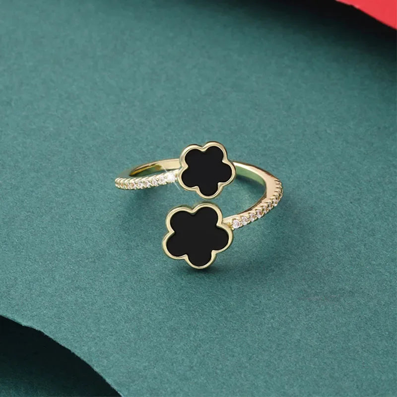 Dazzling Clover Gold Plated Rings for Women Cubic Zirconia Adjustable Simple Plant Flower Ring Fashion Party Wedding Accessories