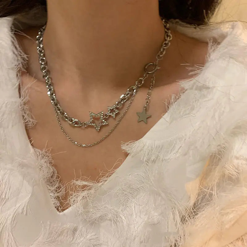 Shiny Star Layered Tassel Choker Necklace Y2k Jewelry for Women 2022 Fashion Pentagram Silver Color Chain Zircon Charm Necklaces