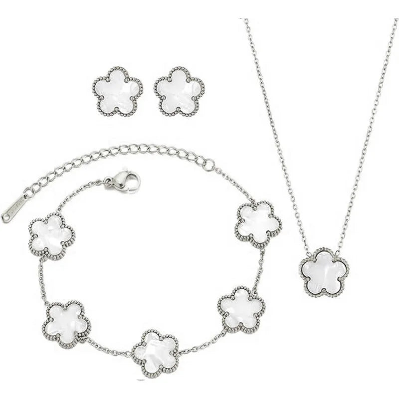 18K Gold Plated Flower Design Five Leaf Bracelet Necklace Earrings Jewelry Sets Lucky Gifts Elegant Fashion Clover Jewelry