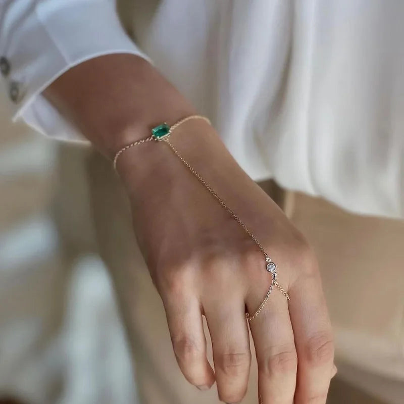 Chain Finger Ring Bracelet for Women 14k Gold Plated Dainty Green Semi-precious Stone Slave Bracelets Jewelry Gifts