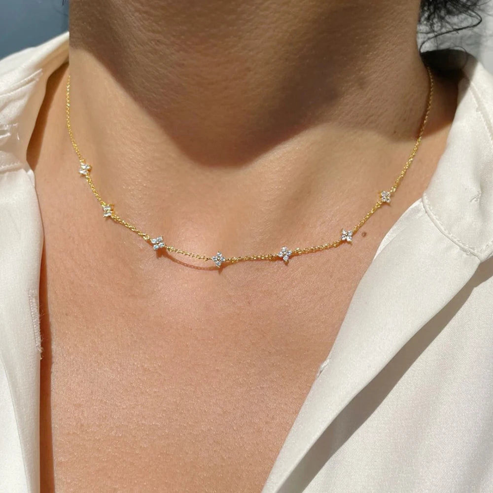 925 Silver Plated Four-leaf Flower Zircon Chain Necklace for Women Luxury Collar Charm Necklaces 2025 Trend Jewelry