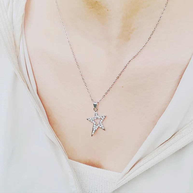Shiny Star Layered Tassel Choker Necklace Y2k Jewelry for Women 2022 Fashion Pentagram Silver Color Chain Zircon Charm Necklaces