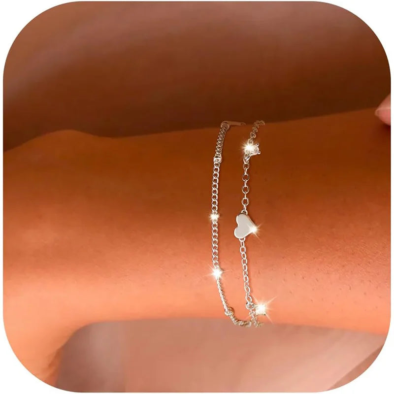 Layered 925 Silver Plated Heart Bracelet for Women Girls Hypoallergenic Jewelry Trend Sparkling Cubic Zirconia Charm Bracelets