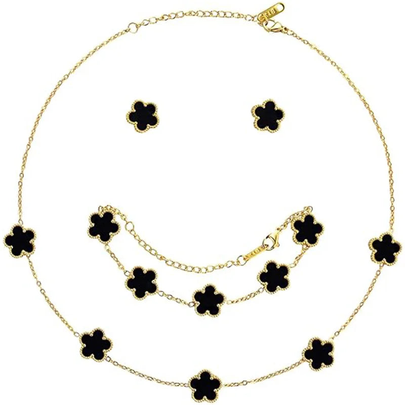 18K Gold Plated Flower Design Five Leaf Bracelet Necklace Earrings Jewelry Sets Lucky Gifts Elegant Fashion Clover Jewelry
