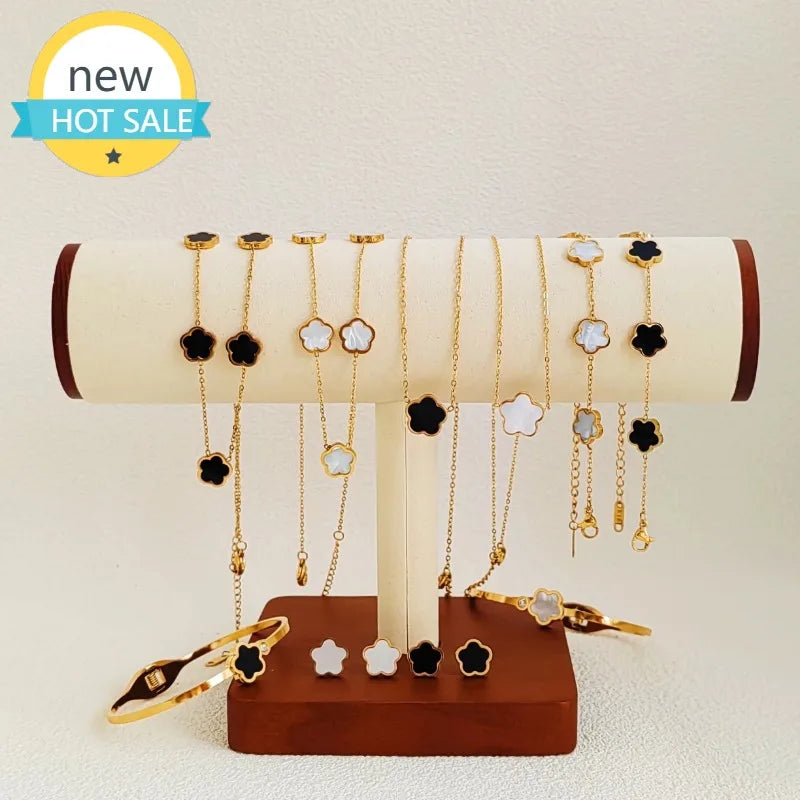 High Quality Stainless Steel Flower Jewelry Set Non Fading Clover Women Accessories Luxury Bangle Bracelet Necklace Earrings