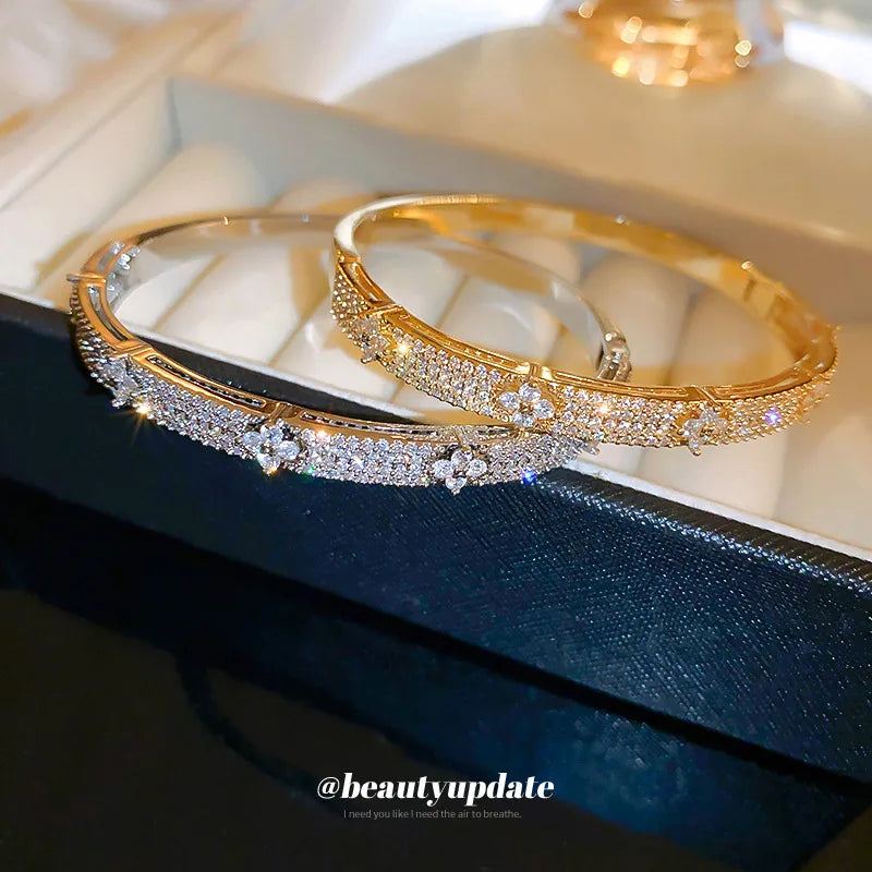 Luxury Shiny Cubic Zirconia Embellished Gold Silver Plated Fashion Bangle Bracelets for Women Party Wedding Daily Wear Jewelry