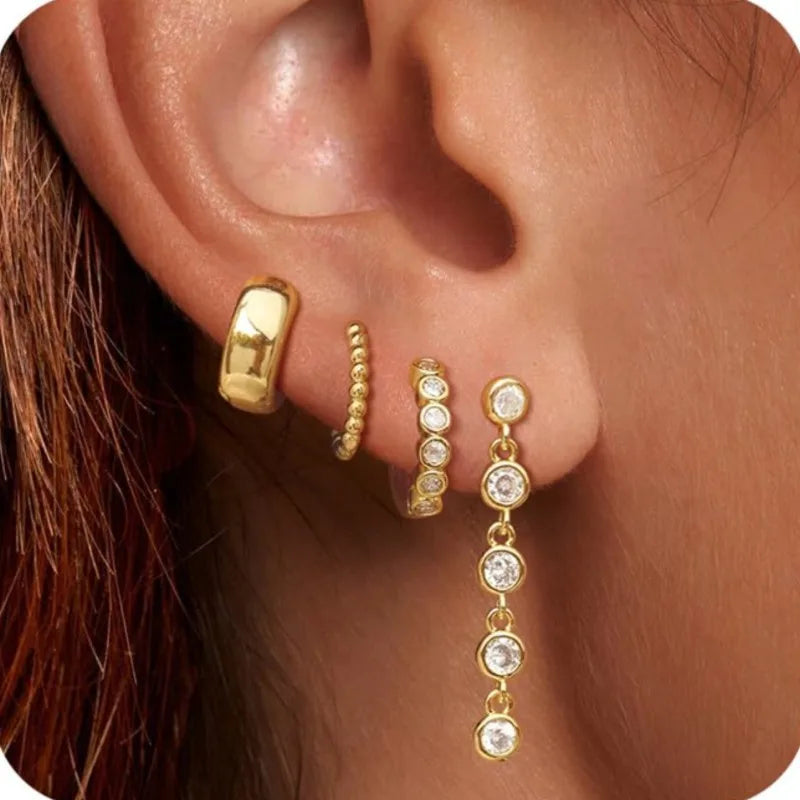 4Pcs Single Ear Earrings for Women Girls 14Kgold Plated Different Hoop Hypoallergenic Cubic Zirconia Long Design Drop Earring