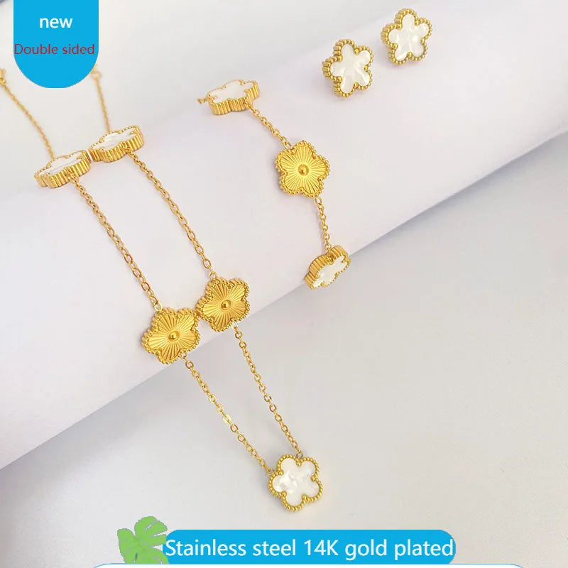 Mixed Color Plum Blossom Necklace Earrings Bracelet Jewelry Set 2024 New Double Sided Stainless Steel Clover for Women Girls