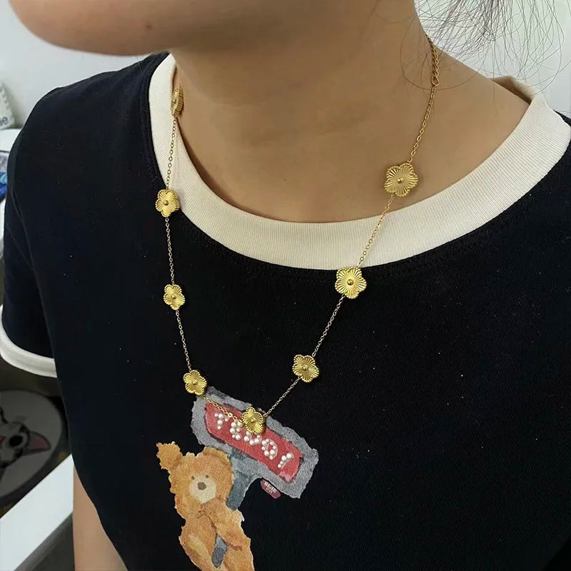 Gold 10 Flower Necklace for Women 14k Gold Plated Stainless Steel Waterproof Jewelry Elegant Clover Pendant Necklace Trend New