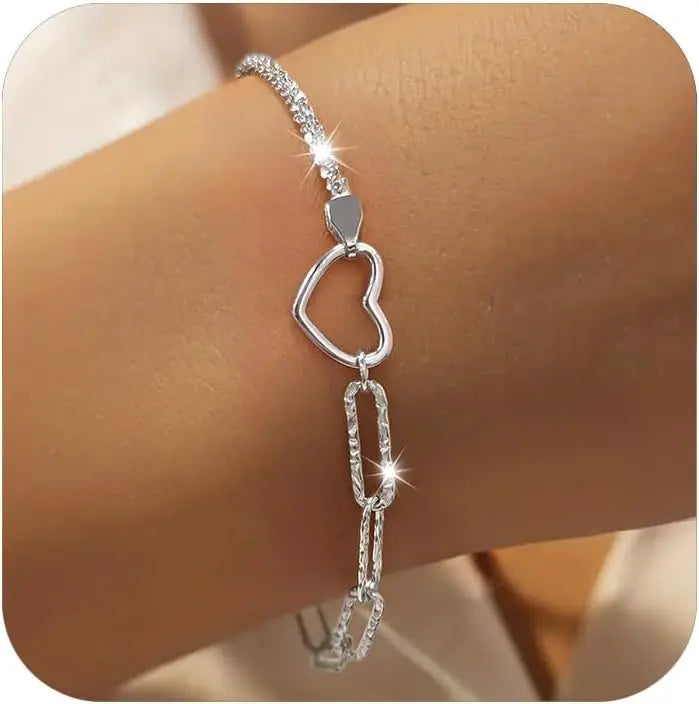Cute Hollow Love Heart Charm Chain Bracelets for Women 14K Gold Plated Jewelry Gifts Sparkly Adjustable Splicing Link Bracelet