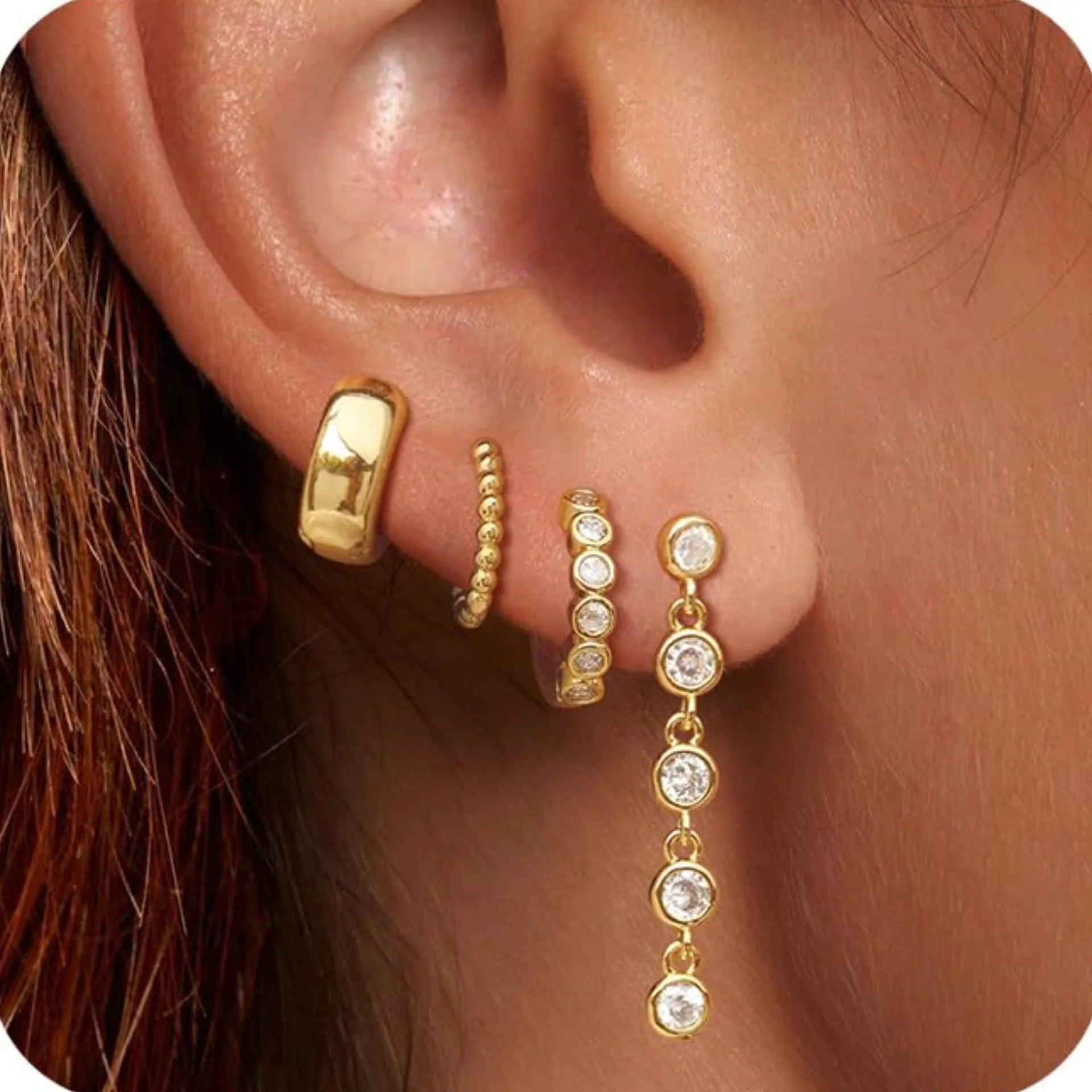 4Pcs Single Ear Earrings for Women Girls 14Kgold Plated Different Hoop Hypoallergenic Cubic Zirconia Long Design Drop Earring