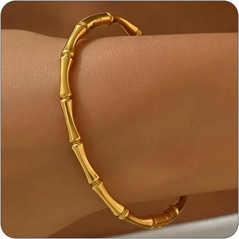 14k Gold Plated Bamboo Cuff Bracelet Bangle for Women Waterproof Colorfast Luxury Bracelets Dainty Stainless Steel Jewelry Gifts