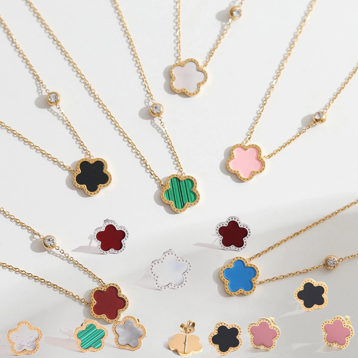 Stainless Steel Five Clover Necklace for Women Gold-plated Black White Green Red Color Design Flower Pendant Necklace with Gem